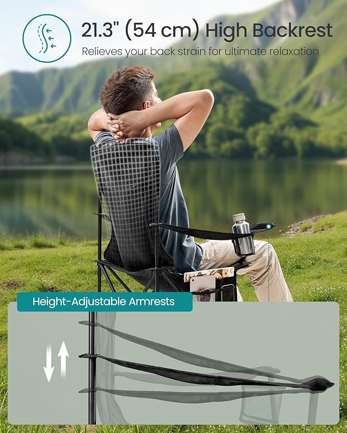 SONGMICS Breathable Camping Chairs, Foldable Outdoor Chairs Set of 2, High Back, Adjustable Armrests, Drink Holder, Weight Capacity 330 lb, for Sports Garden Backyard, Ink Black UGCB028B02