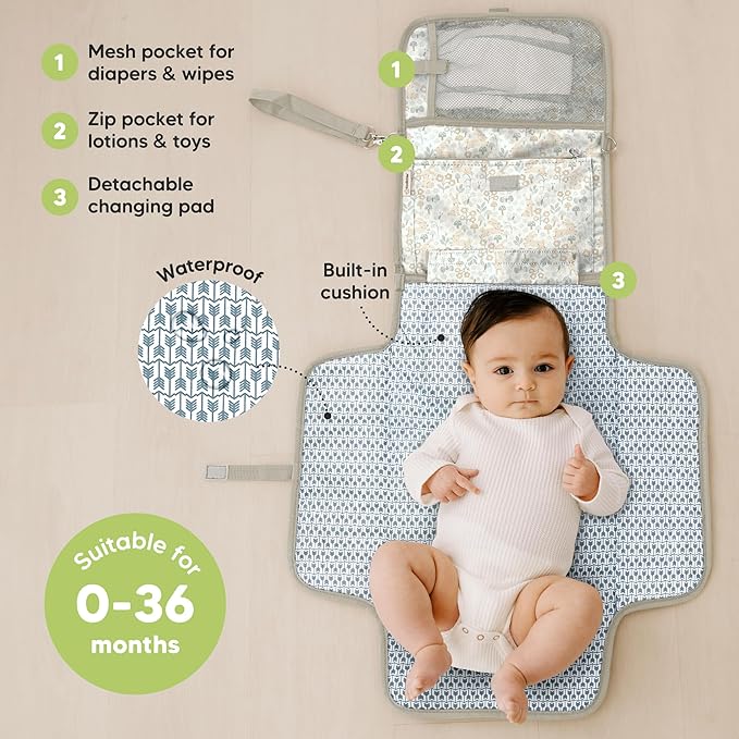 KeaBabies Portable Diaper Changing Pad - Large Waterproof Baby Changing Mat, Compact Travel Diaper Clutch, Functional Pockets Fit Newborn Essentials, Wipeable & Padded Baby Changer (Prairie)