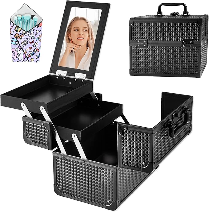 Makeup Train Case, Portable Makeup Case with Mirror, 2-Trays Cosmetic Organizer Case,Nail Polish Organizer, Travel Makeup Box, Profesional for Salon Barber, Black