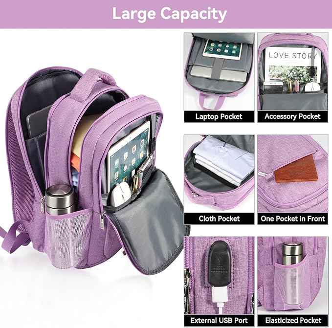 Voova Travel Laptop Backpack, Business Work Laptop Backpack for Women & Men with USB Charging Port, Waterproof Slim Durable College Computer Bag Fits 15.6 Inch Laptops and Notebook, Purple