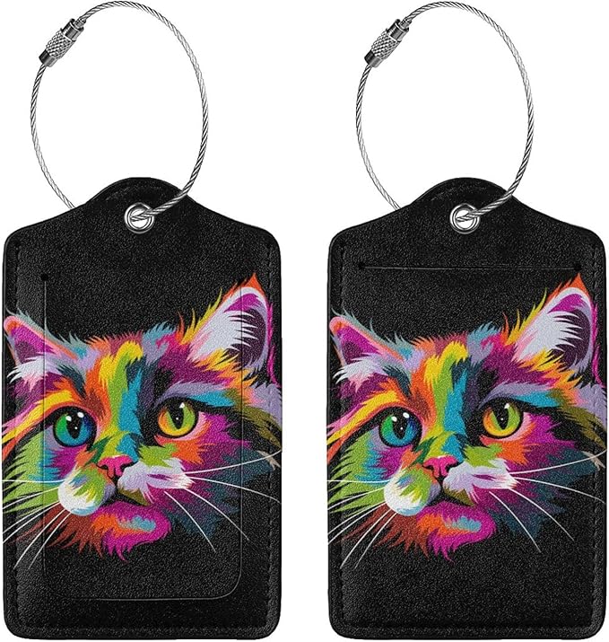 Cat Leather Luggage Tag with Stainless Steel Ring, Fun Name Id Card Cover Travel Bag Tag Set, Suitable for Travel Bag Luggage Women Men 1 PCS
