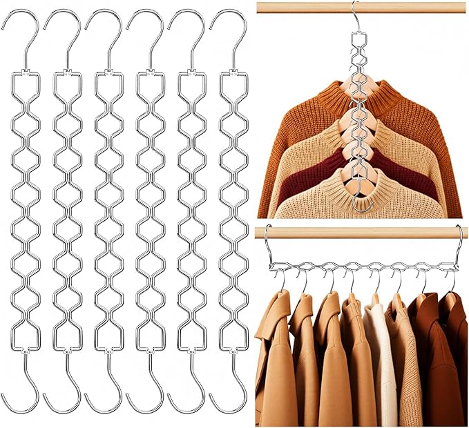 6 Pack Space Saving Hangers for Clothes, Heavy Duty 30Lbs Capacity Magic Clothes Space Saver Sturdy Metal Hanger Organizer with 360° Swivel Hook, Closet Organizers Storage Dorm Essentials Silver