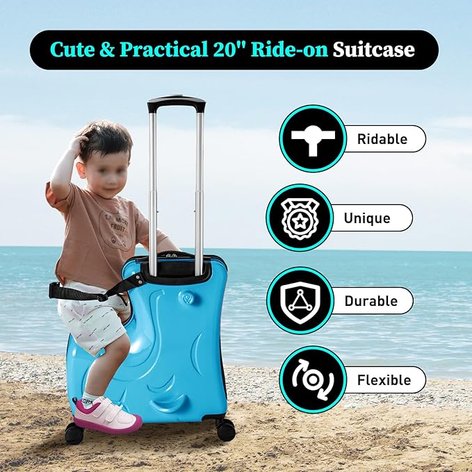 20 Inch Children's Ride On Trolley, Toddler Luggage Seat Ride with Lock, Kid's Ride-on Travel Suitcase with Spinner Wheels, Kids Travel Trolley Riding Luggage Suitcase for Boys Girls Gift, Blue