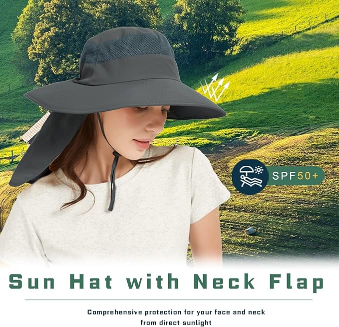 Fishing Hat Breathable Wide Brim Sun Hats with Neck Flap Bucket Hat Outdoor Safari Hat for Men Women UPF 50+ Sun Protection
