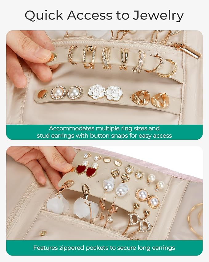 BAGSMART Travel Jewelry Organizer Case, Foldable Jewelry Roll for Necklaces, Earrings, Journey-Rings, Bracelets, Brooches, Portable, Beige