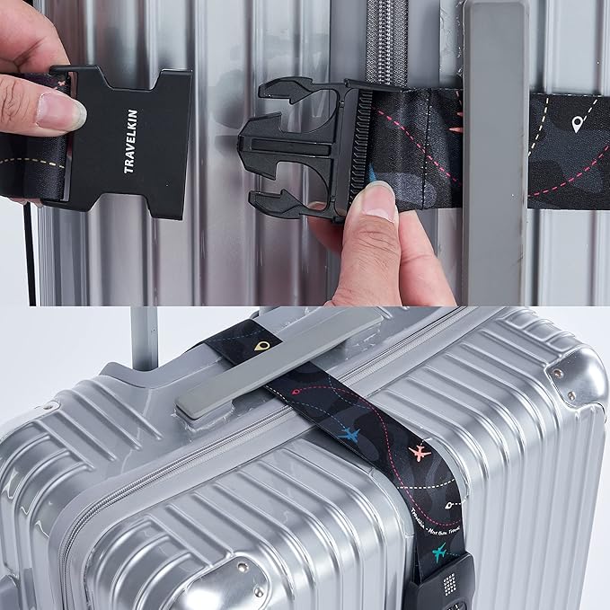 Travelkin Luggage Straps TSA Approved - Adjustable Cross Suitcase Straps with TSA Lock, Reinforced Buckle, Unique Pattern - Secure Heavy Duty Luggage Straps for Travel (Air Line Black)