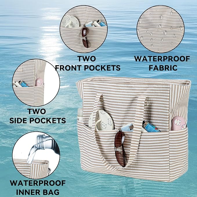 LEDAOU Beach Bag Waterproof Sandproof Women Tote Bag Pool Bag with Zipper for Gym Grocery Travel with Wet Pocket