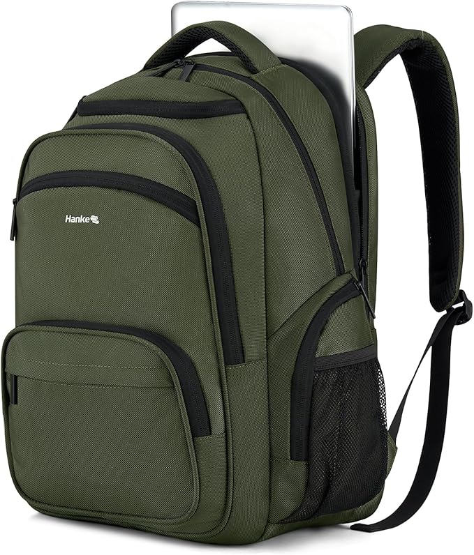Hanke College Laptop Backpack Multi-Pocket, 18-Inch Large Travel Backpack for Men Women, Water Resistant College Bookbag for 15.6 Inch Laptop, Casual Daily Personal Item Size,Army Green