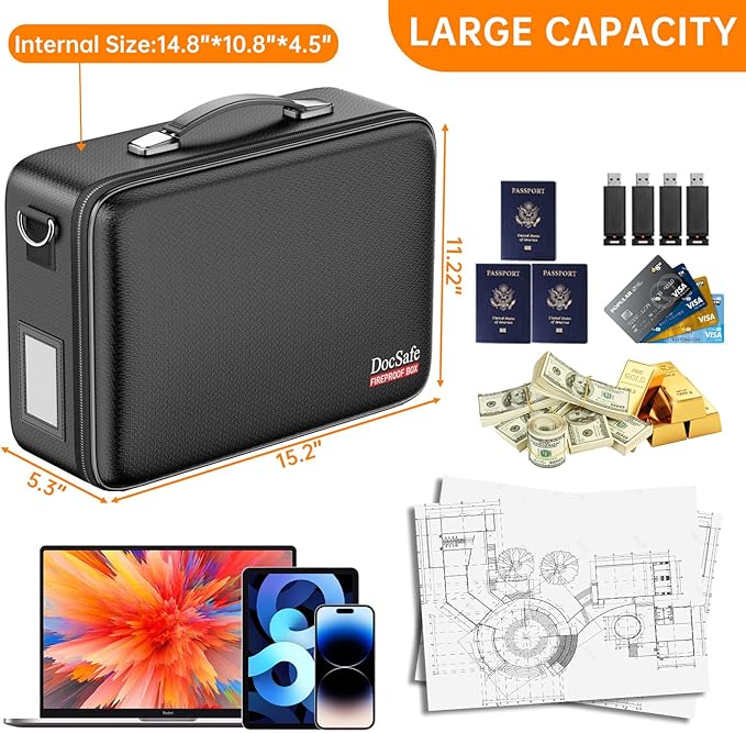 DocSafe Fireproof Document Box with Lock, Hard Case File Organizer with Accordion File Folder, Fireproof Water Resistant Safe Box Home Office Travel Storage for Important Documents Laptop Black