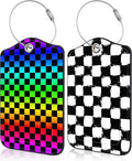 2 Pack Luggage Tags Rainbow Squares and Checkered Flag PU Leather Baggage Tag with Privacy Cover Stainless Steel Loop and Name ID Card for Men Women Travel Bag Luggage Accessories