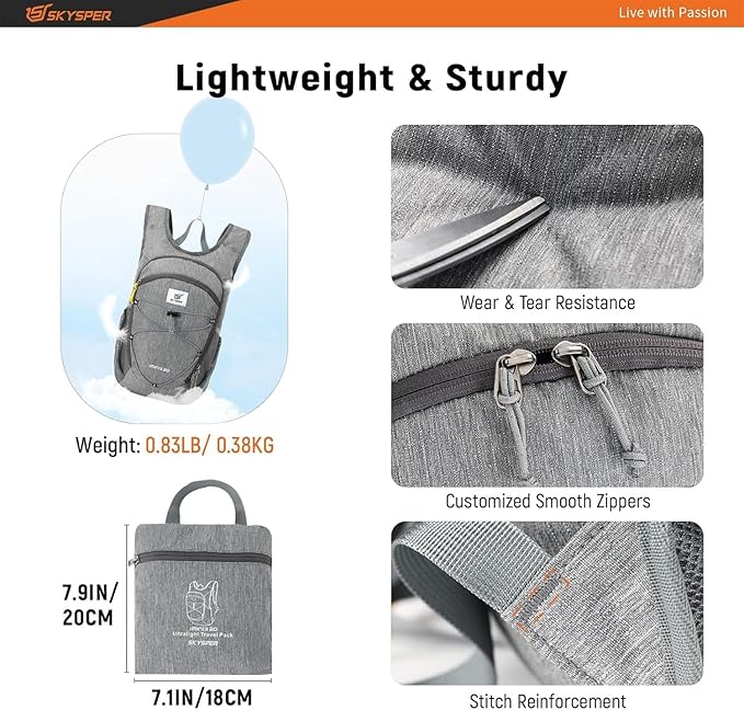 SKYSPER 15L/20L Foldable Hiking Backpack Lightweight Packable Travel Daypack with Chest Strap Small Folding Pack for Walking