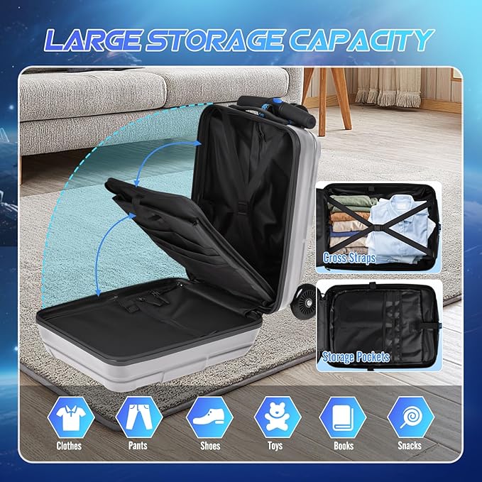 Scooter Suitcase for Kids & Adults, Foldable Carry On Travel Luggage, Hardside Ride on Scooter Suitcase with LED Light up Wheels，Silver