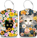 2 Pack Luggage Tags for Suitcases Cute Cat with Colorful Flowers Leather Luggage Tags Privacy Cover ID Label with Stainless Steel Loop and Address Card for Women Men Travel Bag Backpack