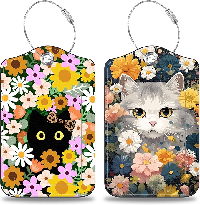 2 Pack Luggage Tags for Suitcases Cute Cat with Colorful Flowers Leather Luggage Tags Privacy Cover ID Label with Stainless Steel Loop and Address Card for Women Men Travel Bag Backpack