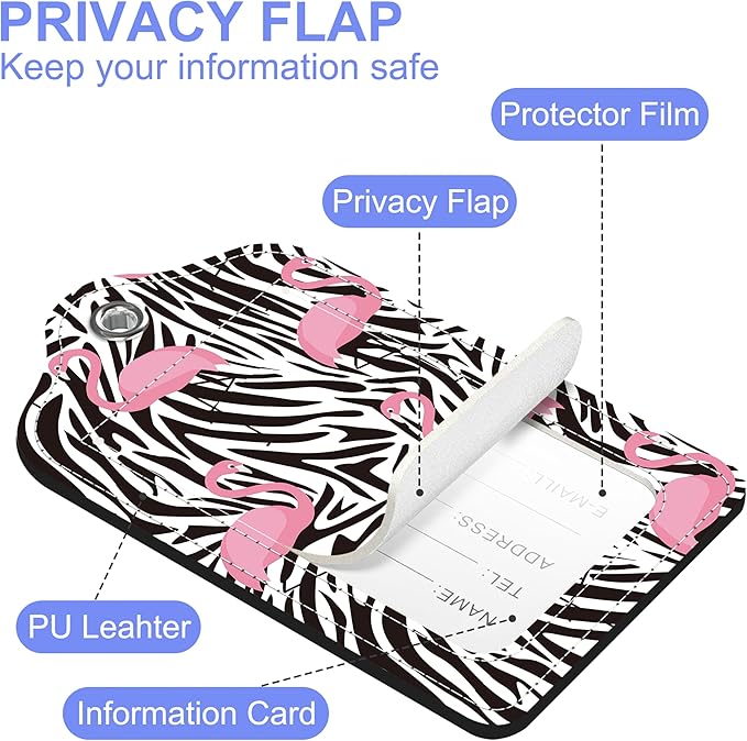Set of 2 Luggage Tags for Suitcase Pink Flamingos Leather Baggage Tags Set with Stainless Steel Loop Name Address Labels Privacy Cover for Men Women Travel Bag Suitcase, 4.6 x 2.7 inch