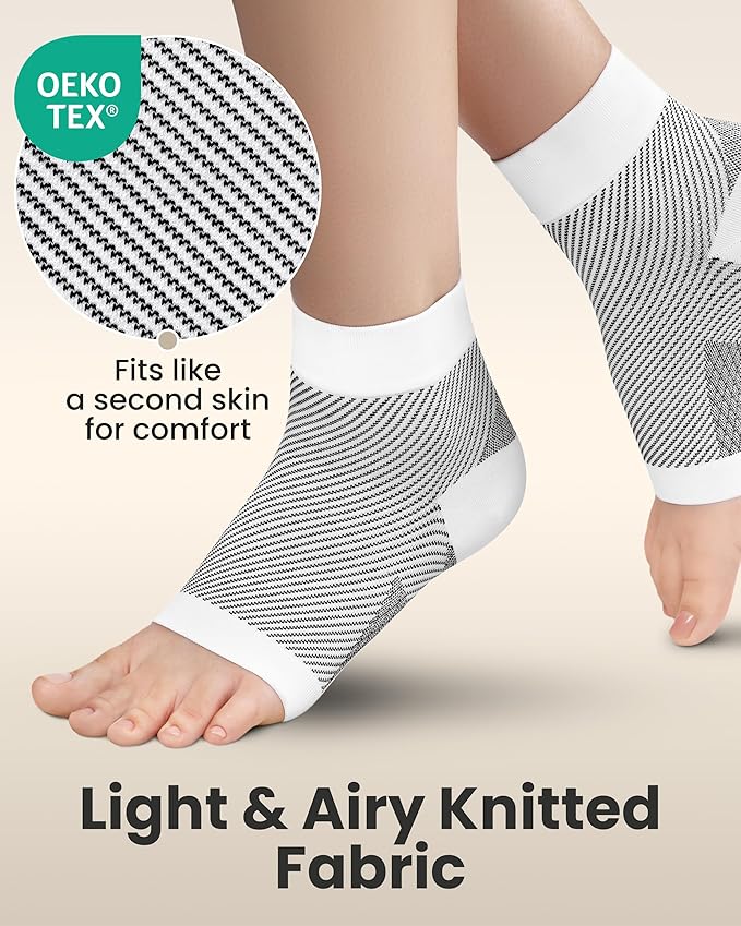 KEMFORD Ankle Compression Sleeve - Plantar Fasciitis Braces - Open Toe Compression Socks for Swelling, Sprain, Neuropathy, Foot Arch Support for Men and Women - 20-30mmhg, M, White and Black