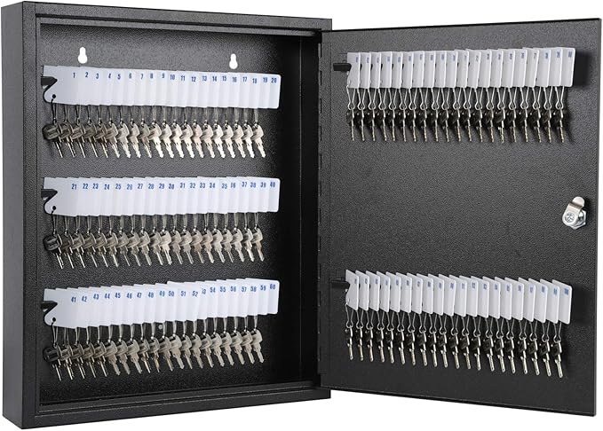 KYODOLED Key Storage Lock Box with Key, Locking Key Cabinet, 100 Key Management Wall Mount with Key Lock, Key Hooks & Tags Key Labels, 3.1" D x 17.1" W x 14.1" H (Black 100 Key)