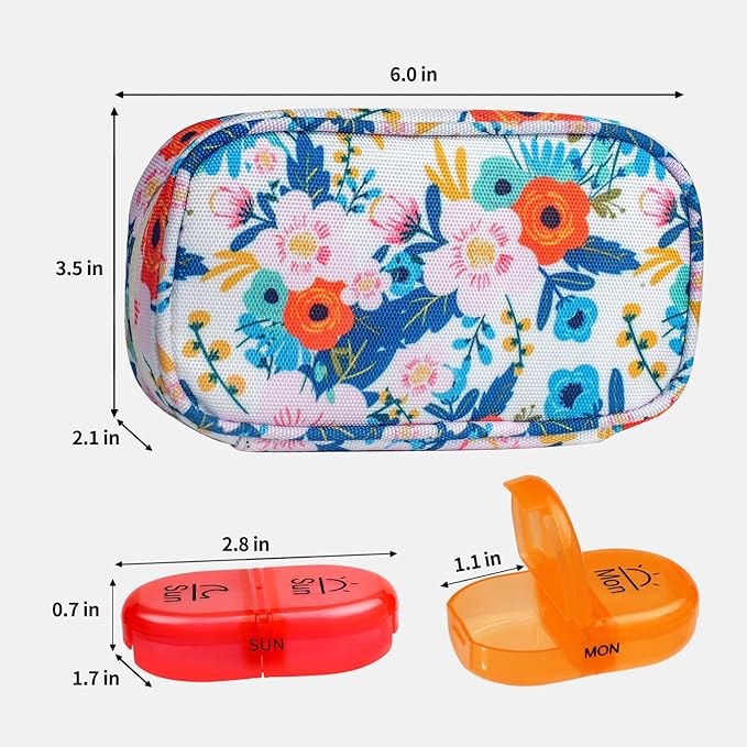 Serfeymi Weekly Travel Pill Organizer 2 Times A Day AM PM Rainbow Pill Box 7 Day with Zipper Canvas Pill Case, Medicine Organizer for Pills, Vitamins, Fish Oils - Black 02 + Bloom 01