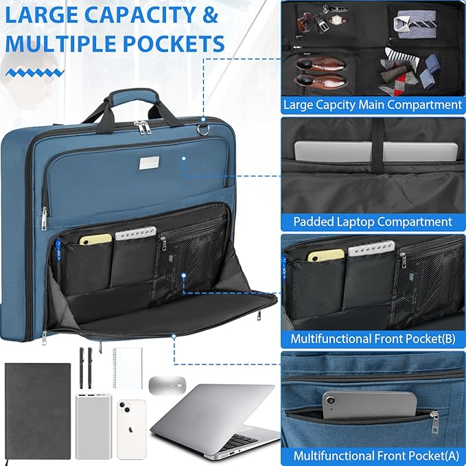 AKOZLIN Travel Luggage Garment Bag Foldable Hanging Suit Bag with Shoulder Strap For Men Women Business Blue