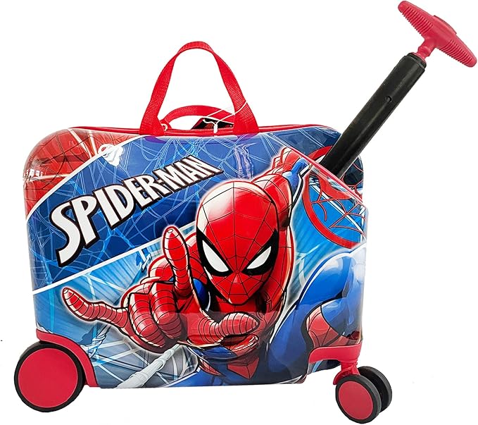 Fast Forward Spiderman Ride on Luggage for Kids, 18'' Suitcase with Seat for Kids, Cute Lightweight Travel Trolley