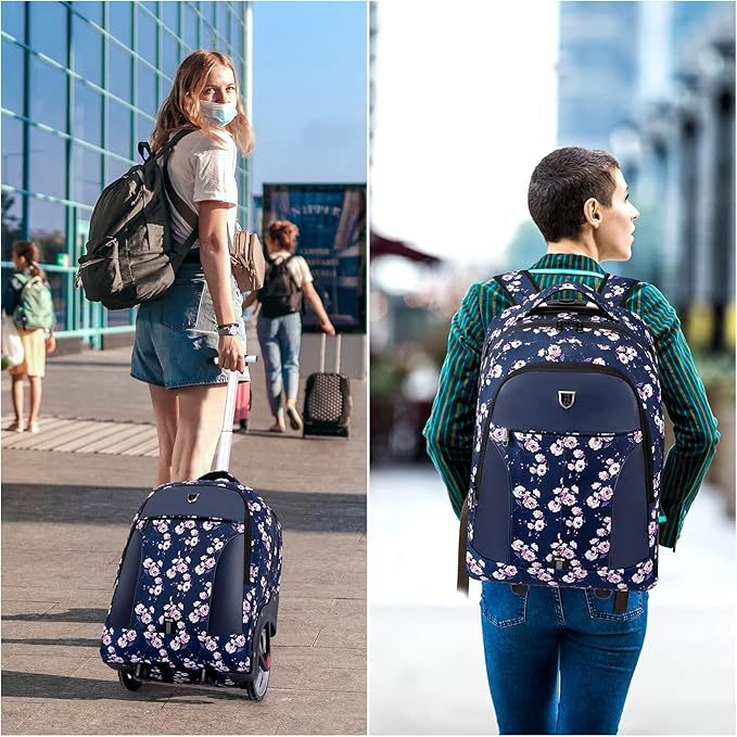 Rolling Backpack,Waterproof Backpack with Wheels for Business and Travel Commuter, Carry on Backpack with Laptop Compartment, Fit 17 Inch Laptop, Wheeled Backpack for Adults