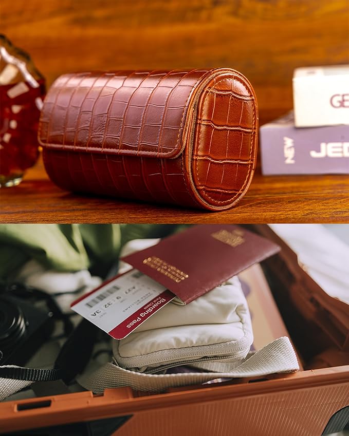 MR.OKAY 3 Watch Travel Case- Classic Leather Watch Case With Superb Texture.(Portable Watch Roll Or Organizer For Storage And Display).Festival Gift For Men, All Handcrafted By Artisans.