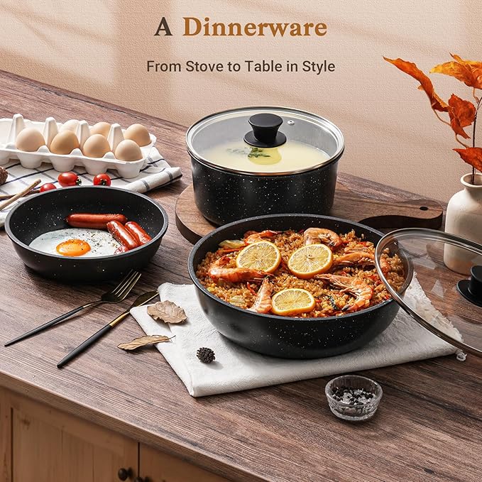 15Pcs Pots and Pans Set Non Stick, Cookware Sets with Detachable Handle, Nonstick RV Kitchen Cooking Tools Removable Handles, Oven Safe, Induction Fast, Stackable Induction Cookware,Black