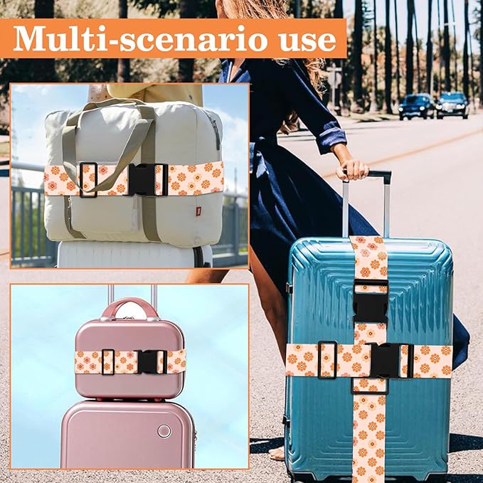 Luggage Straps for Suitcases TSA Approved, Luggage Identifiers for Suitcase, Adjustable Suitcase Strap for Baggage Security with Cute Patten, Travel Necessary Accessories 2Pack (Orange Flower)