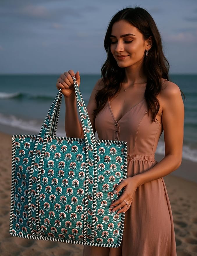 Cotton Quilted Tote Bag for Women – Large Beach & Travel Tote with Zipper, Reusable Grocery Bag