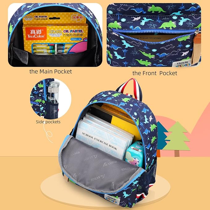 willikiva Cartoon Bus 12 Kindergarten Backpack for Kids Girls and Boys,Waterproof Preschool Toddler Backpack Wiht Leash and Safety Harness (Green Dinosaur)