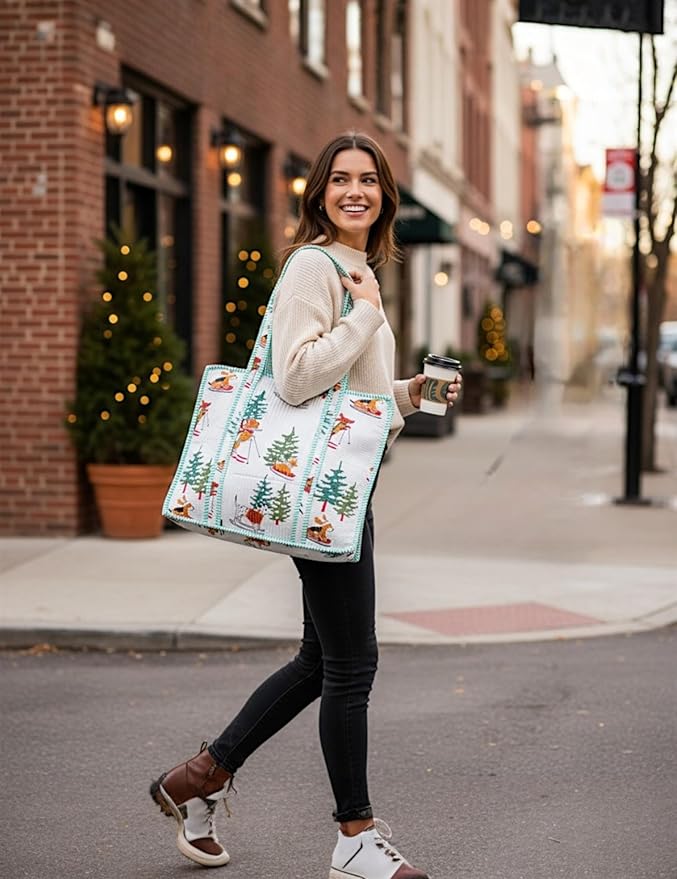 Cotton Quilted Tote Bag for Women – Large Beach & Travel Tote with Zipper, Reusable Grocery Bag