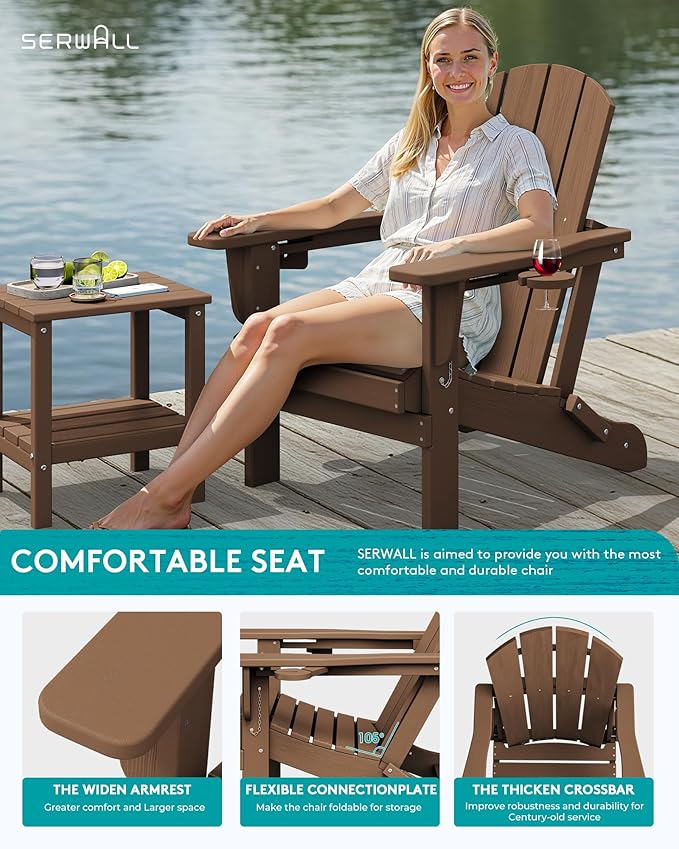 SERWALL Folding Adirondack Chair, Dual Cup Holders & All-Weather HDPE, Wood-Like Patio Chair for Backyard, Camping，Pool & Fire Pit- Brown