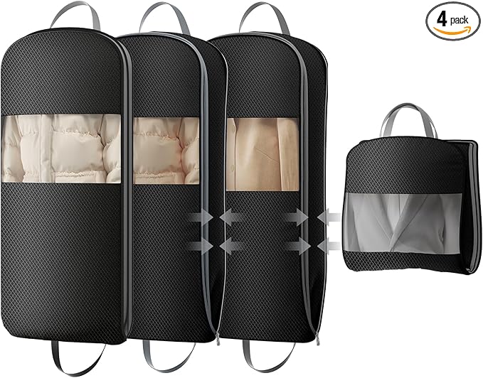 DIMJ 4 Pack 43" Space Saving Garment Bags for Hanging Clothes With Compression Zipper Carry Handles and Window, Washable Suit Bag for Dress, Clothes, Coats, Down Jacket, Closet, Moving, Travel