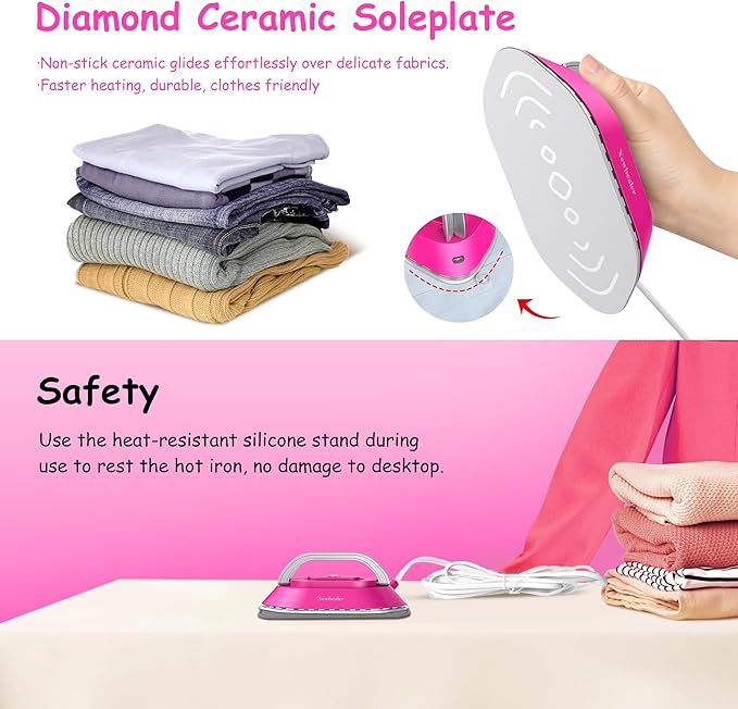 Newbealer Travel Iron with Dual Voltage - 120V/220V Lightweight Dry Iron for Clothes (No Steam), Non-Stick Ceramic Soleplate, 302℉ Heat Press Machine, w/Spray Bottle, Pouch & Silicone Stand (Hotpink)