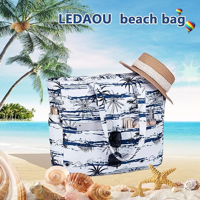 LEDAOU Large Beach Tote Bag Women Waterproof Sandproof Zipper Beach Tote Bag for Pool Gym Grocery Travel with Wet Pocket