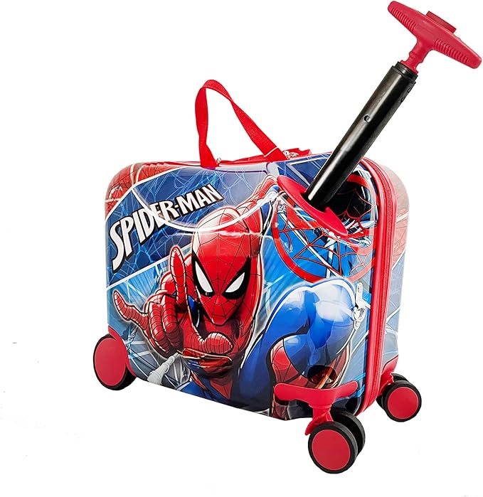 Fast Forward Spiderman Ride on Luggage for Kids, 18'' Suitcase with Seat for Kids, Cute Lightweight Travel Trolley