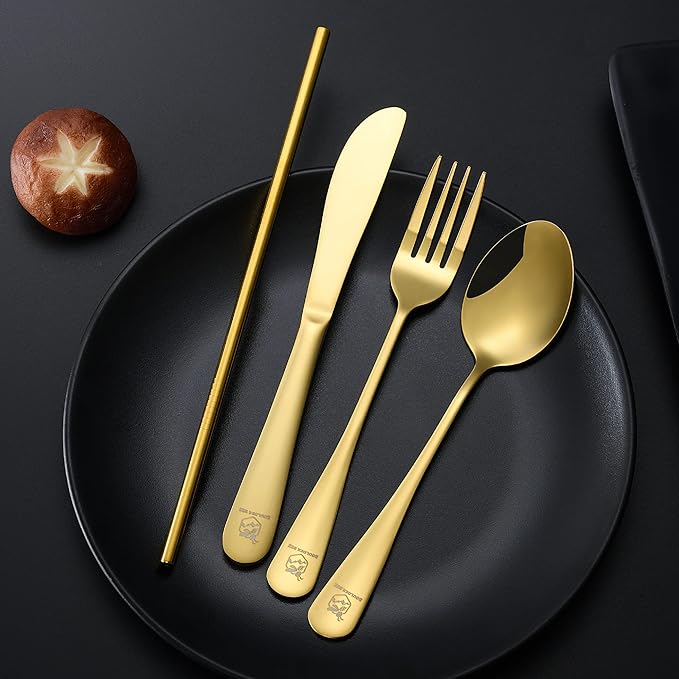 Boulder Bee | Travel Utensils Set | Reusable Camping Cutlery Set | Stainless Steel Flatware Set | Portable Silverware Set with Case | Includes Knife/Fork/Spoon/Straw/Cleaning Cloth/Case (Gold)