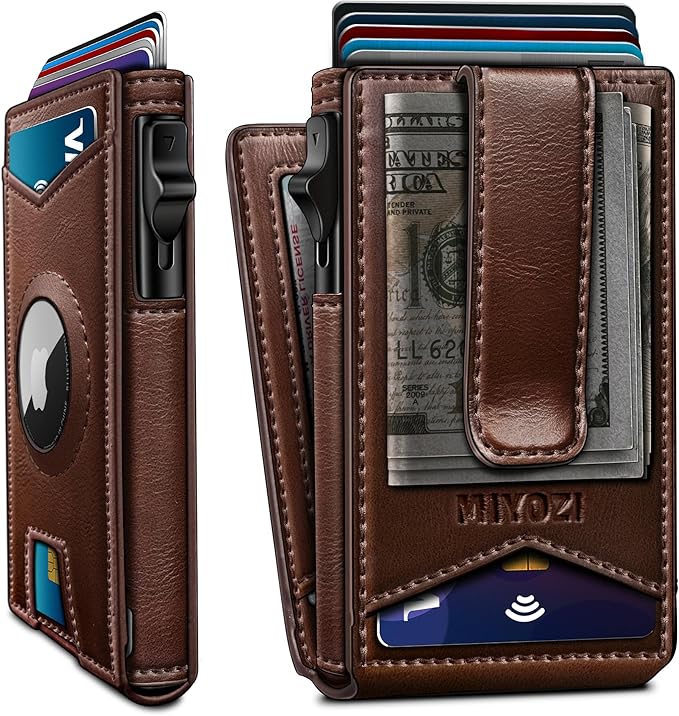 Airtag Wallet for Men,with Money Clip Gift Boxed,Slim Front Pocket Wallet RFID Blocking Metal Case Smart Pop-up Credit Card Holder in Magnetic Leather Flip