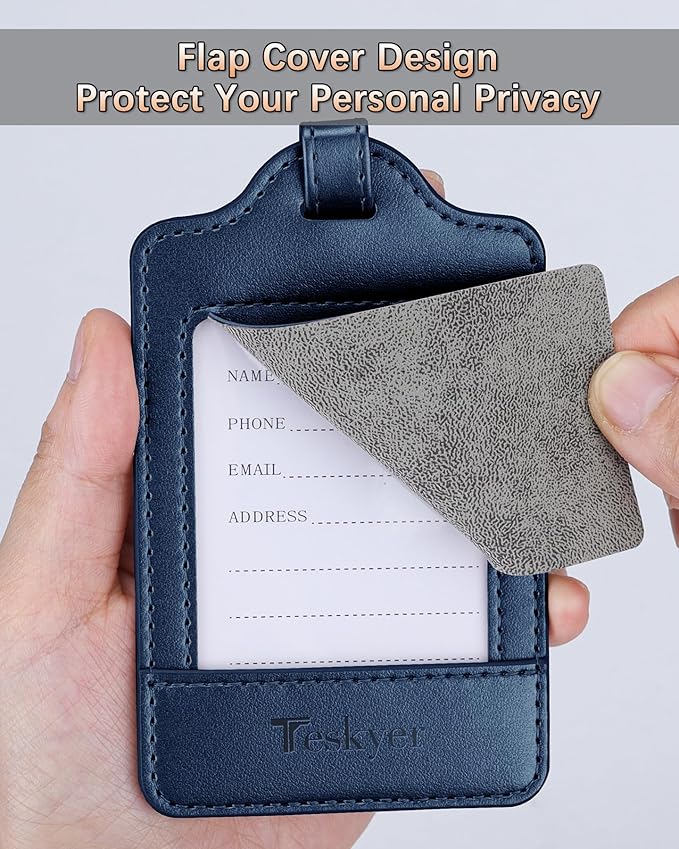 Teskyer Luggage Tags, 3 Pack Premium PU Leather Luggage Tags for Suitcases, Privacy Protection Travel Bag Tags, Blue