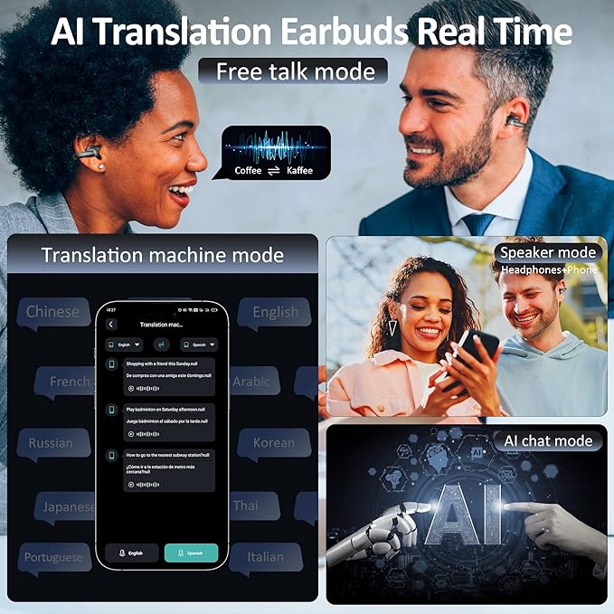 AI Language Translation Earbuds Real Time, IAMJOY Language Translator Earbuds Open Ear Clip-On Design, 163 Language & Accents Two-Way Translator Device with APP for Travel Learning Business, Black