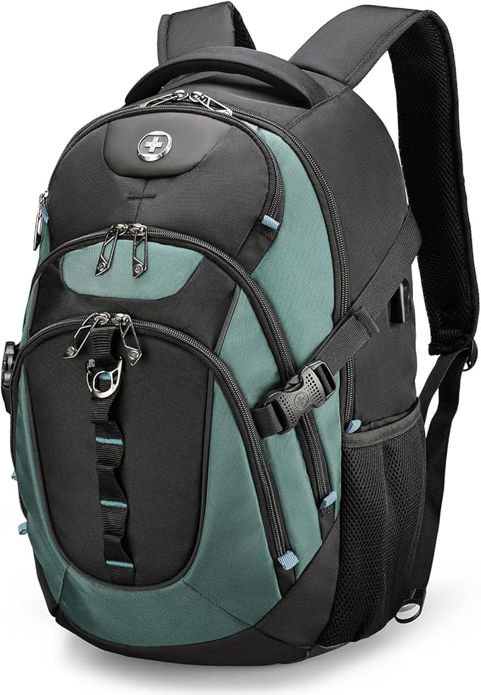 Swissdigital Design Laptop Backpack with USB Charging Port, TSA Travel Backpack Fits 15.6 inches Computer, 31L College School Backpack for Men, Lake Green/Black | SD803