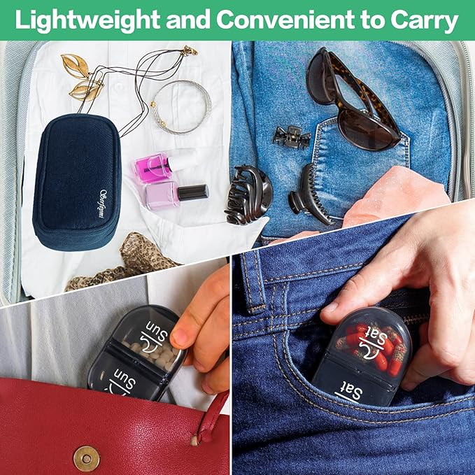 Serfeymi Weekly Travel Pill Organizer 2 Times A Day AM PM Upgraded Black Pill Box 7 Day with Portable Zipper Canvas Pill Case, Medicine Organizer for Pills, Vitamins, Supplements, Fish Oils - Blue 01