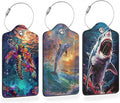 Colorful Turtle Shark 3 Pack PU Leahter Luggage Tag with Stainless Steel Loop, Cute Dolphin Jumping Sunset Travel Suitcase Labels with Privacy Cover ID Label Quickly Spot for Bags