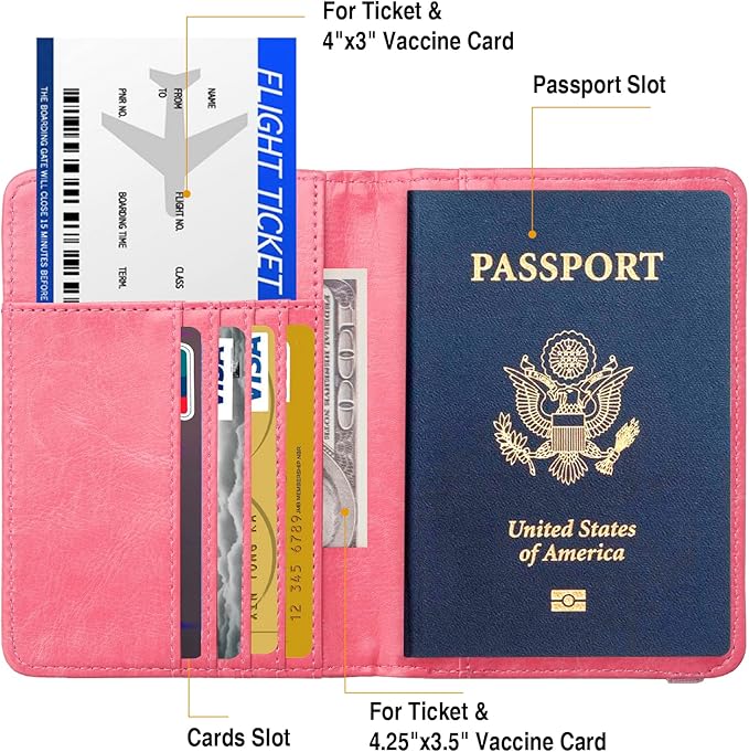 Passport Holder for Travel Passport Cover for Men Passport Wallet Case with Metal 3D Metal Badge Protector Leather Card Case RFID Blocking Women Travel Accessories Document Organizer (Pink)