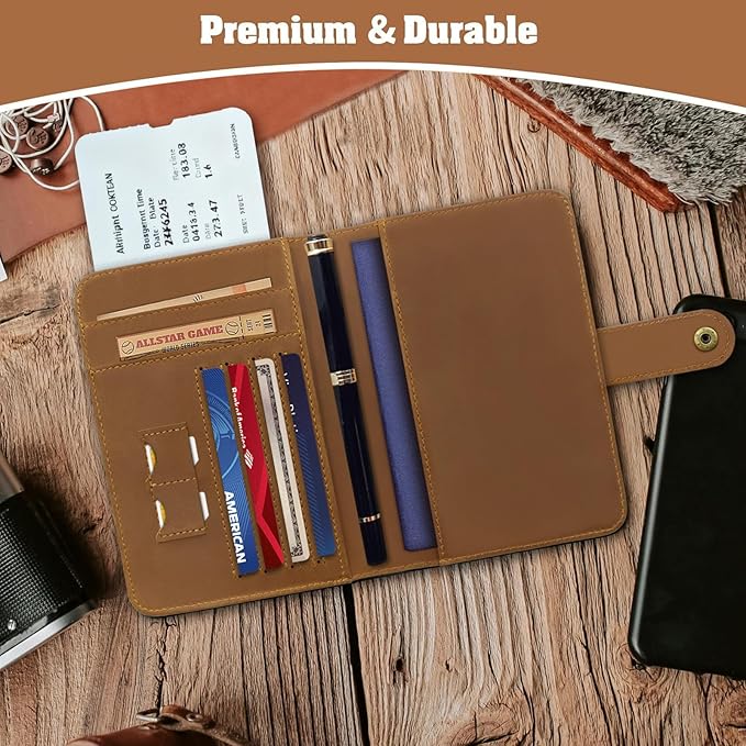 Jack&Chris Genuine Leather Handmade Passport Holder For Travel, RFID Blocking Passport Holder with Card Slots, Travel Essentials wallet with Pen Holder for Women and Men for Gifting, Light Brown