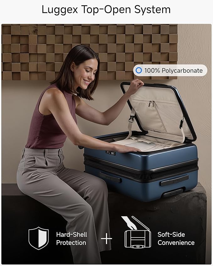 Checked Luggage Top Opening, FLT Expandable Polycarbonate Hard Shell Suitcase with Wheels (FLO-Lite, Blue, 24 Inch, 63L-70L)