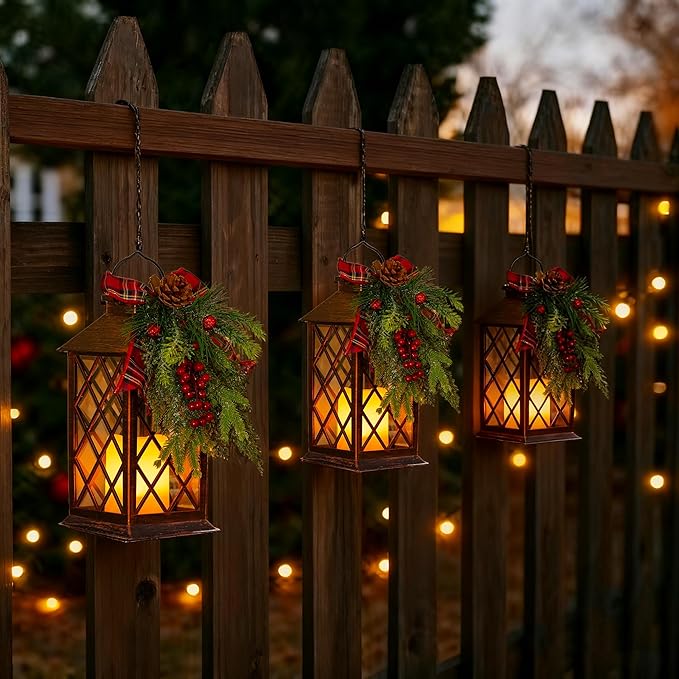 Christmas Solar Lanterns Outdoor, Waterproof Garden Hanging Lanterns, 13" Outdoor Christmas Decorative Lantern with LED Flickering Flameless Candles, Solar Lantern for Porch Yard Patio Decor