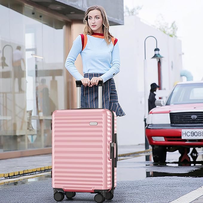 SHOWKOO Suitcase Hardside Expandable Luggage Set, Suitcase with Double Spinner Wheels TSA Lock 3 Piece Set Pink (DB/TB/24in)