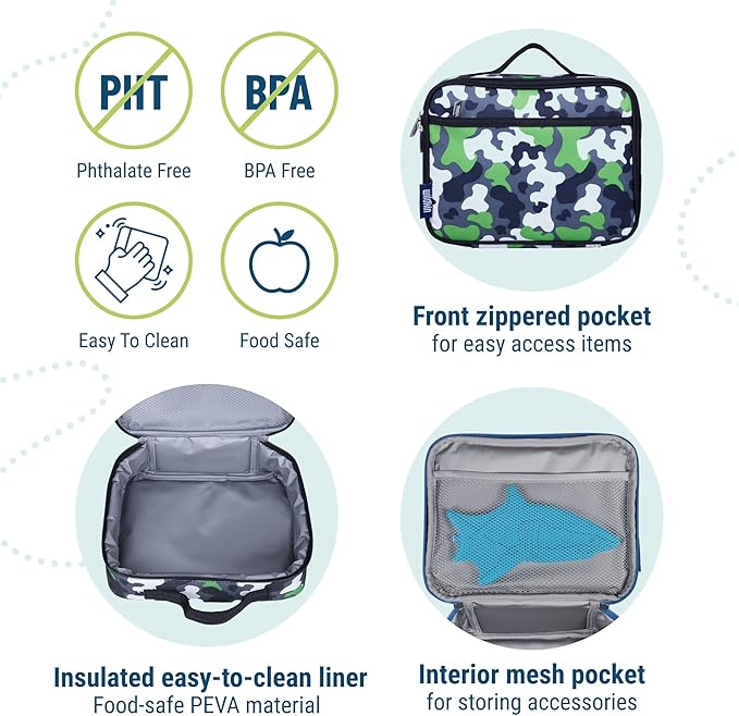 Wildkin Kids Insulated Lunch Box – Durable and Reusable for School & Travel - Green Camo