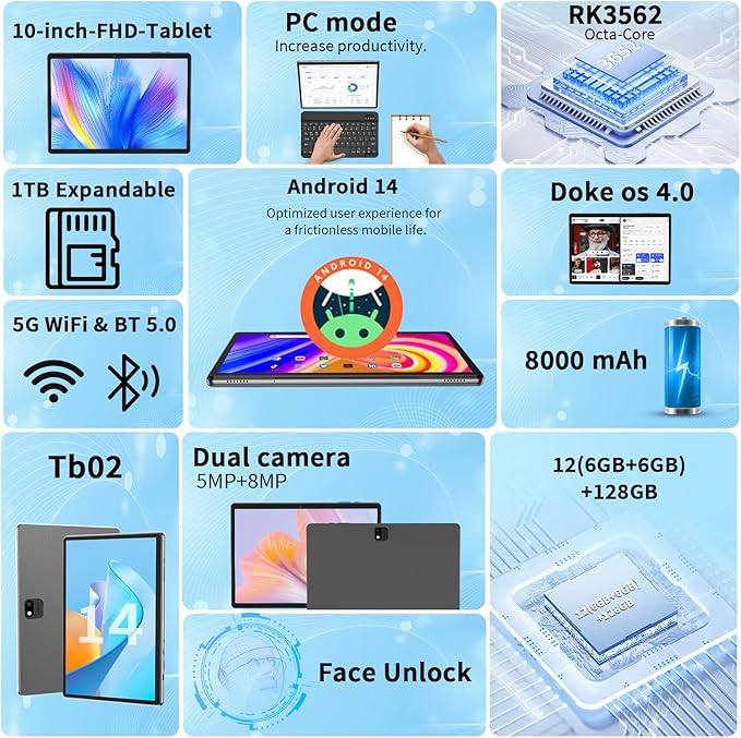 Android 14 Tablet with Keyboard, 12GB RAM (6+6), 128GB Storage, 1TB Expandable, 8000mAh Battery, 10 Inch 2-in-1 Tablets, Includes Case, Mouse & Stylus（Black）